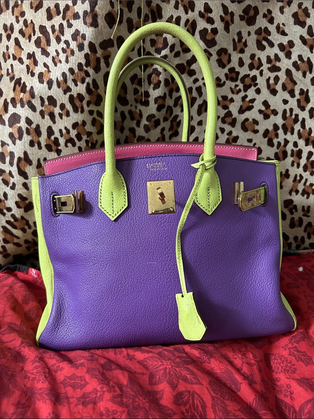 My vintage Purple and Lime  goat Leather❤️❤️Tote Bag with Pink Trim NOT FOR SALE